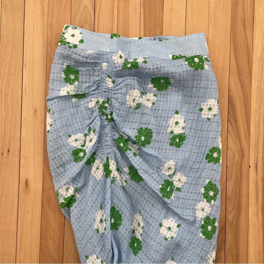 Smythe Mid-Rise Fitted Asymmetrical Ruched Flower Print Midi Skirt - Sz 0 (25) - Picture 5 of 15